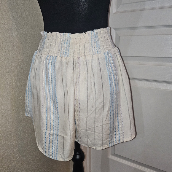 Elan Smocked High Waist Cream and Blue Striped Faux Wrap Coverup Shorts - Picture 9 of 11